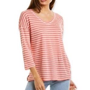 St Johns Bay Women’s Shirt White/Rosie-red Marinière Coastal Stripes Size M